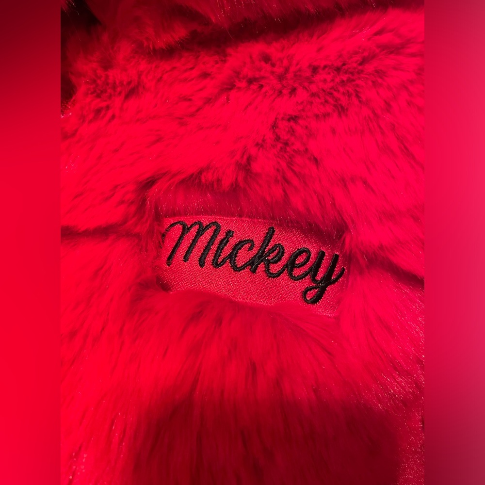 Forever 21 x Disney Mickey Mouse Faux Fur Cropped Red Hooded Puffer Jacket Small - Picture 13 of 16